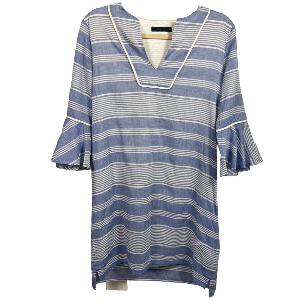 THML Women’s Cotton Sheath Dress Small Blue Stripe 3/4 Bell Sleeve V Neck